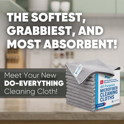 MW PRO Premium Microfiber Cleaning Cloths (12 Pack, 12x12, Grey) - Streak Free Stainless Steel & Glass Towels - Ultra Soft Cleaning Cloths for Screens, Granite & Modern Home - Washable & Reusable