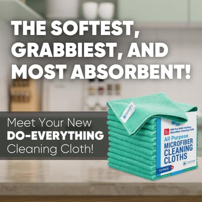 MW PRO Microfiber Cleaning Cloths (12 Pack, 12"x12", Green) - Commercial Grade Housekeeping Towels & Janitorial Rags - Lint Free & Streak Free for Windows, Glass & Auto Detailing - Washable 300+ Times