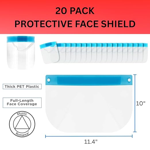 Mystic Romance 20 Pack Face Shields – Reusable Anti-Fog Full Face Protection – Clear Safety Gear for Work, Salons & Travel