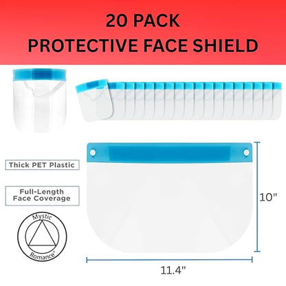 Mystic Romance 20 Pack Face Shields – Reusable Anti-Fog Full Face Protection – Clear Safety Gear for Work, Salons & Travel