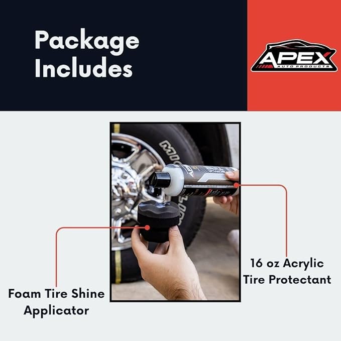 Apex Acrylic Tire Shine and Tire Shine Applicator - 16 oz Semi-Permanent - 6+ Months Durability - Easy to Apply - Fast Drying Car Tire Shine - No Sling - Glossy - Extreme Tire Dressing - Made in USA