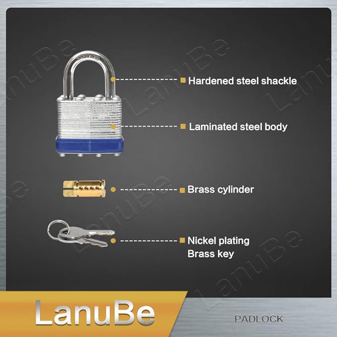 LanuBe Lock Laminated keyed Padlock (1-9/16", 40mm), keyed Alike Locks, Normal Shackle, Marked Blue Plastic Hoop, Pack of 48…