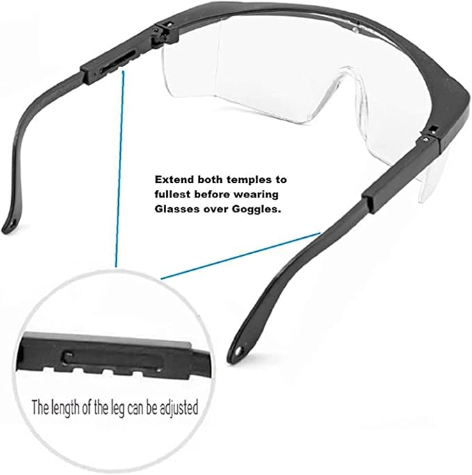 Euxor, Safety Glasses Goggles (2 Pack) Shattered Proof, ANSI Z87.1 & EN 166 UV Resistant, Wide Frame Scratch Resistant Eye Shield Black Frame Wear over Glasses Adjustable temples Unisex.