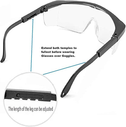 Euxor, Safety Glasses Goggles (2 Pack) Shattered Proof, ANSI Z87.1 & EN 166 UV Resistant, Wide Frame Scratch Resistant Eye Shield Black Frame Wear over Glasses Adjustable temples Unisex.