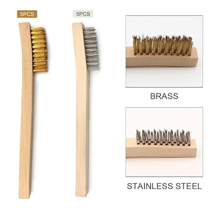 Wire Brush Set 12Pcs,Small Detailing Wire Scratch Brushes for Cleaning, Brass/Stainless Steel Bristles with 8" Curved Wood Handle for Metal Rust Remover,Paint, Dirt, Paint Scrubbing