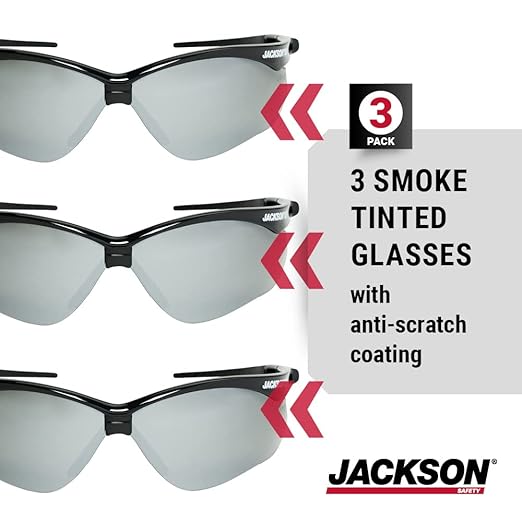 Jackson Safety SG Safety Glasses - Eye Protection for Men & Women - Anti-Scratch Lens with Black Frame - ANSI Z87.1 - Pack of 3 (Multiple Styles)