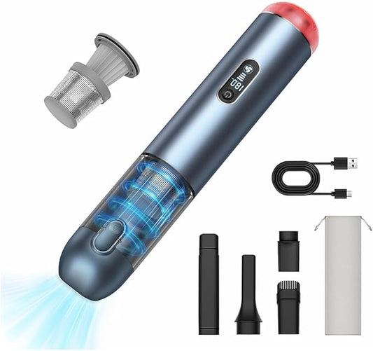 Handheld Vacuum, Powerful 18000pa Car Vacuum with Brushless Motor, Portable Hand Held Vacuum with 3 Speed Modes, 5- in-1 Mini Cordless Vacuum Cleaner with White LED & Red Flash for home/Car/Office