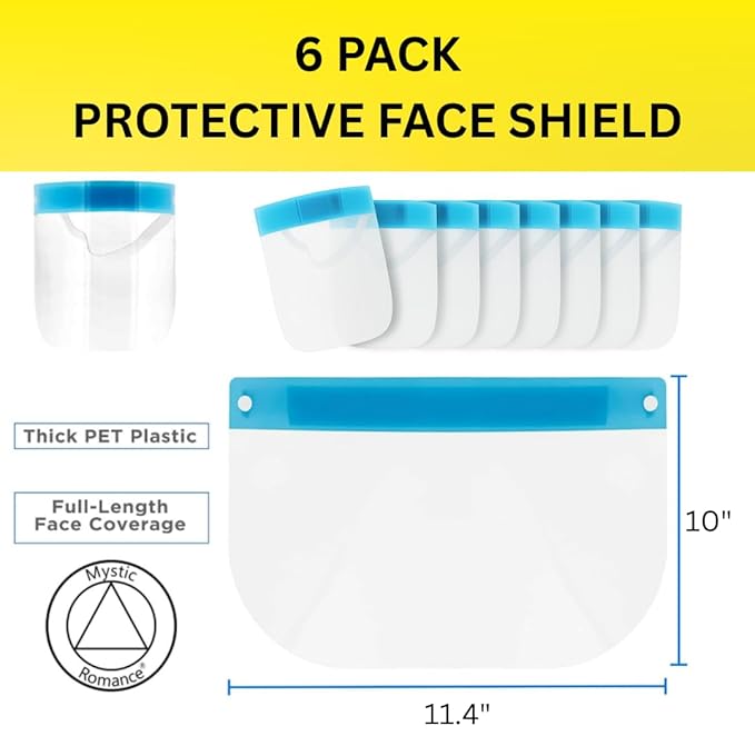 Mystic Romance 6 Pack Face Shields – Reusable Anti-Fog Full Face Protection – Clear Safety Gear for Work, Salons & Travel