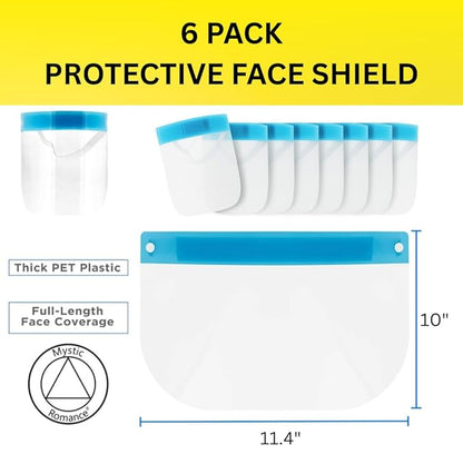 Mystic Romance 6 Pack Face Shields – Reusable Anti-Fog Full Face Protection – Clear Safety Gear for Work, Salons & Travel