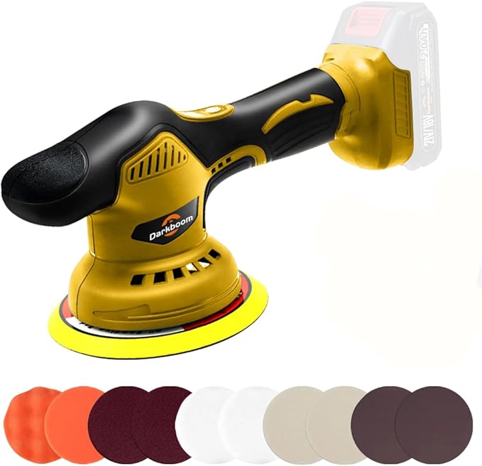Darkboom Cordless Buffer Polisher 6 inch with 8 discs for polishing, fits Dewalts 20V battery and 6 variable speed from 2200RPM to 5500RPM cordless sander, for Car Detailing/Polishing