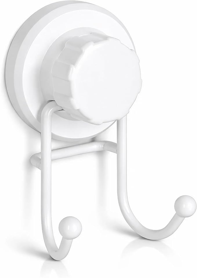 HASKO Suction Cup Hook for Shower, Stainless Steel Bathroom Suction Towel Hooks Hanger, Organizer for Towel, Bathrobe and Loofah, Includes Optional No Drill Adhesive Mount for Inside Shower, White
