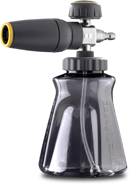 Active Foam Cannon with ¼ inch quick connector for Electric and Gas Pressure Washers. Wide-mouth bottle and variable spray to generate thick snow foam spraying for home DIY car wash & detailing.