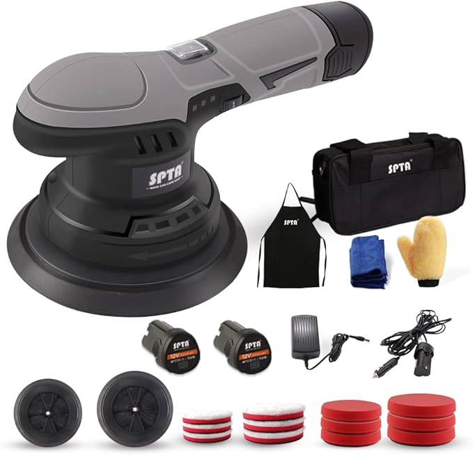 Cordless Car Buffer Polisher, SPTA Polisher with 2Pcs 12V Lithium Rechargeable Battery Brushless Polisher with Variable Speed, Portable Polisher with Polishing Pads Kit For Waxing