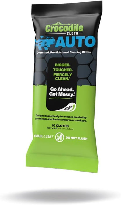 Crocodile Cloth Auto Cleaning Wipes – 10 XL (15" x 10") Disposable Wipes for Car Engine Degreasing, Body Detailing & Tire Cleaning – Cuts Grease, Oil, Adhesives on Hands, Tools, Parts & More