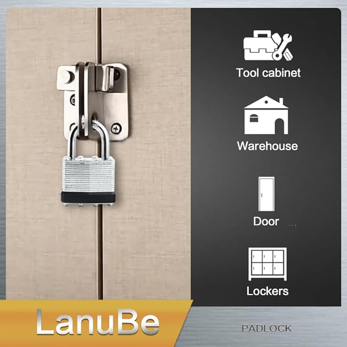 LanuBe Lock Laminated keyed Padlock (1-9/16", 40mm), keyed Alike Locks, Normal Shackle,Marked Black Plastic Hoop, Pack of 6…