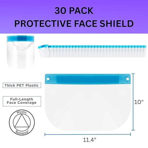 Mystic Romance 30 Pack Face Shields – Reusable Anti-Fog Full Face Protection – Clear Safety Gear for Work, Salons & Travel
