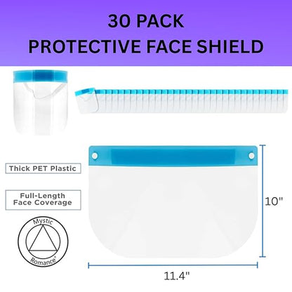 Mystic Romance 30 Pack Face Shields – Reusable Anti-Fog Full Face Protection – Clear Safety Gear for Work, Salons & Travel