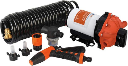 SEAFLO 55-Series Washdown Pump Kit - 12V DC, 5.5 GPM, 70 PSI, Self-Priming, Coiled Hose, Spray Nozzle, High Flow for RV, Boat, Off-Grid, Freshwater, and Saltwater Applications 4-Year Warranty