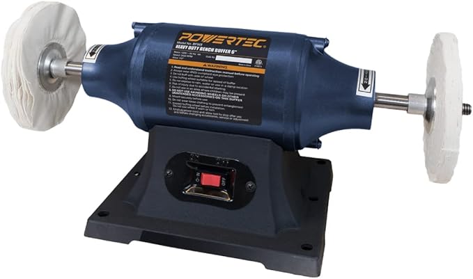 POWERTEC 6-Inch Bench Buffer Jewelry Polisher - Includes 2PCs 80Ply Thic Buffing Wheels | Ideal Benchtop Buffing Machine for Polishing Metal, Jewelry, Knives, Wood, Jade, and Plastic (BF601)