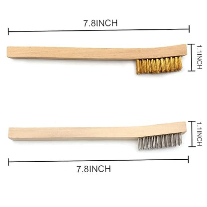 Wire Brush Set 12Pcs,Small Detailing Wire Scratch Brushes for Cleaning, Brass/Stainless Steel Bristles with 8" Curved Wood Handle for Metal Rust Remover,Paint, Dirt, Paint Scrubbing