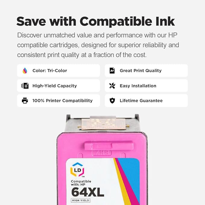 LD Products HP 64XL Remanufactured Replacement HP 64 XL Ink Cartridges for Printers Compatible with Envy 6220 6232 6252 6255 7120 7130 7132 7155 7164 7800 7820 7858 7864 (Tri Color, 2-Pack)