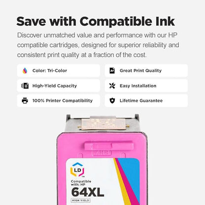 LD Products HP 64XL Remanufactured Replacement HP 64 XL Ink Cartridges for Printers Compatible with Envy 6220 6232 6252 6255 7120 7130 7132 7155 7164 7800 7820 7858 7864 (Tri Color, 2-Pack)