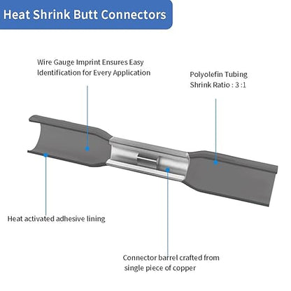 Heat Shrink Butt Connectors, 50Pcs 14-12 AWG Black Marine Grade Insulated Crimp Wire Connectors, Waterproof Electrical Connectors Butt Splice for Boat Truck Wiring