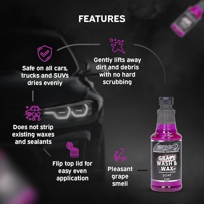 Lanes Car Wash and Wax - Car Wash and Wax in One, Grape Scented Car Wash, Safe for All Surfaces, Concentrated Soap Wax Formula (32 Oz)