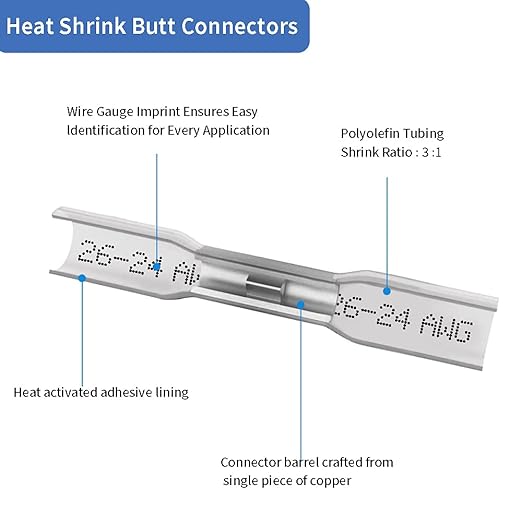 Heat Shrink Butt Connectors, 26-24 AWG 100 Pcs Clear Marine Grade Insulated Crimp Wire Connectors, Waterproof Electrical Connectors Butt Splice for Boat Truck Wiring