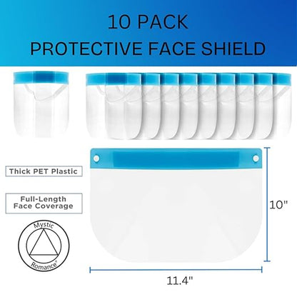 Mystic Romance 10 Pack Face Shields – Reusable Anti-Fog Full Face Protection – Clear Safety Gear for Work, Salons & Travel