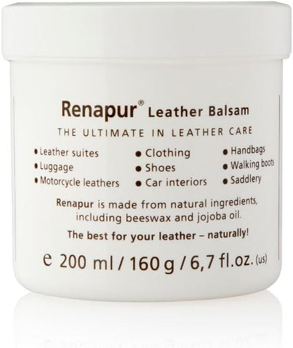Renapur Leather Balsam, Natural Conditioner, Protector and Restorer — for Leather Furniture, footwear, Purses & Bags, Car interiors & Bikes, Saddlery & Tack. (6.7 fl oz + Applicator Sponge)
