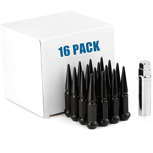 JiiinMiiin M10x1.25 Long Steel Spike Lug Nuts, Thread Pitch 10x1.25, Set of 16 ATV Wheel Nuts with A Socket. [Black]