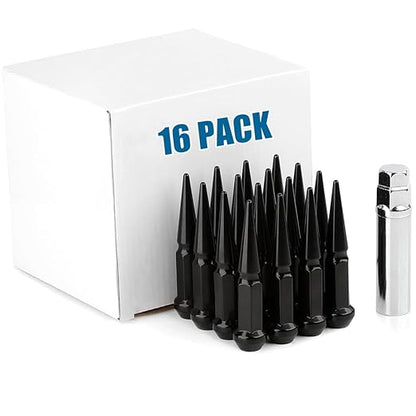 JiiinMiiin M10x1.25 Long Steel Spike Lug Nuts, Thread Pitch 10x1.25, Set of 16 ATV Wheel Nuts with A Socket. [Black]