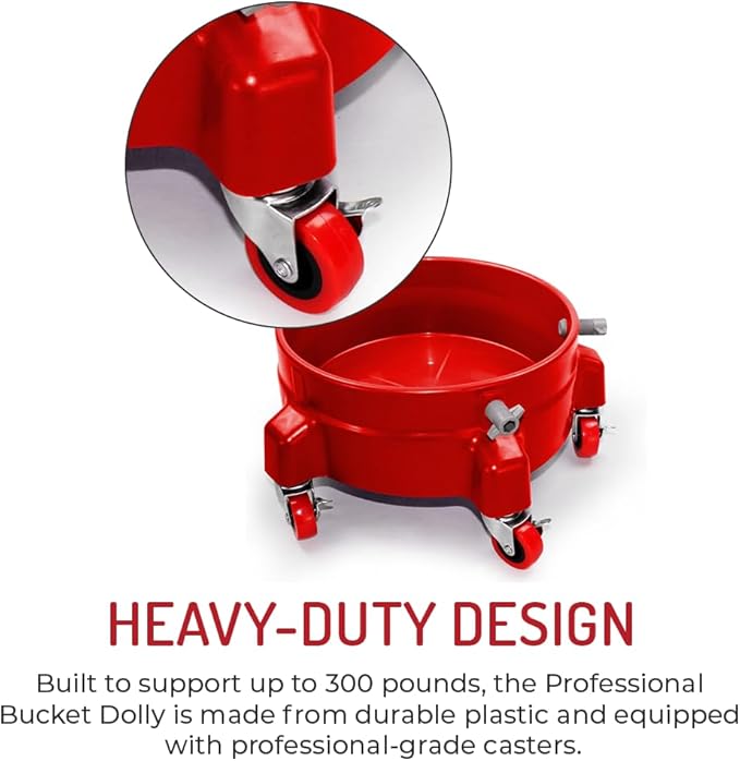Heavy Duty Car Wash Bucket Dolly with 360° Swivel Casters | Fits 3.5–7 Gallon Buckets | 300 lb Capacity | Soap Holder | Rolling Pail Stand for Auto Detailing |Black