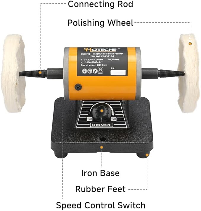 Hoteche 4-3/8-Inch Bench Buffer Polisher Adjustable Speed Electric Buffing Machine for Metal, Wood, Jewelry, Sanding, Waxing