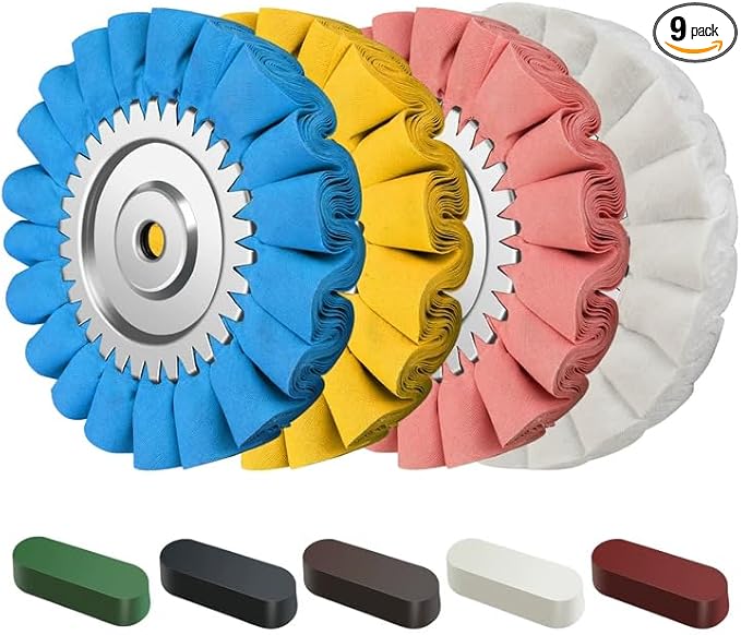 9PCS 8" Airway Buffing Wheel Kit,16-Layer S-Shape Aluminum Metal Polishing Wheel, 5/8" Arbor, 5 Compounds for Semi Truck Wheels, Fuel Tanks, Bumpers, Steps & Diamond Plates