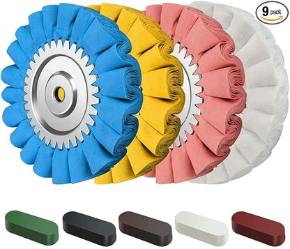 9PCS 8" Airway Buffing Wheel Kit,16-Layer S-Shape Aluminum Metal Polishing Wheel, 5/8" Arbor, 5 Compounds for Semi Truck Wheels, Fuel Tanks, Bumpers, Steps & Diamond Plates