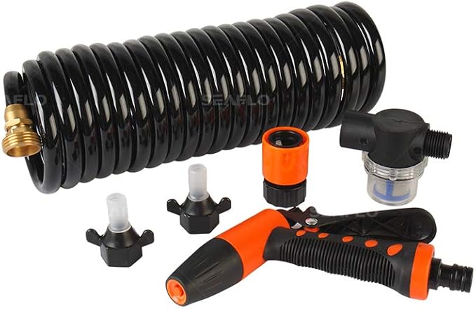 SEAFLO 55-Series Washdown Pump Kit - 12V DC, 5.5 GPM, 70 PSI, Self-Priming, Coiled Hose, Spray Nozzle, High Flow for RV, Boat, Off-Grid, Freshwater, and Saltwater Applications 4-Year Warranty