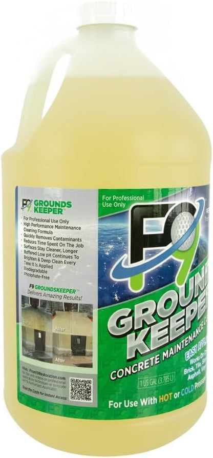 F9 Groundskeeper Cleaner – Industrial-Grade Concrete Maintenance Degreaser, Biodegradable & Phosphate-Free, Removes Tire Marks Soil & Grime 1 -Gallon