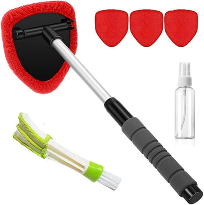 Telescopic Microfiber Glass Car Defroster Brush, 180° Rotating Head and Retractable Handle Multi-Surface Cleaner for Windows, Mirrors, Tiles (Red)