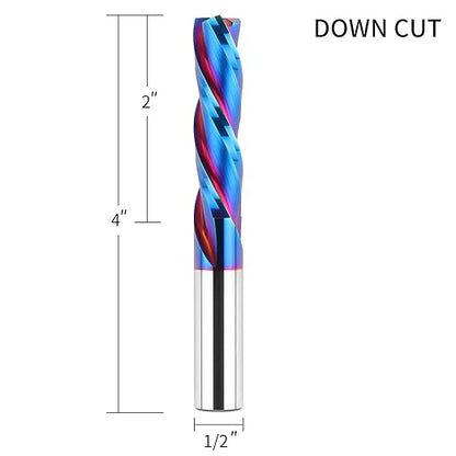 2PCS Downcut Spiral Router Bit Extra Long (4 inch) with 1/2 Inch Shank, 1/2 Inch Cutting Diameter Solid Carbide CNC End Mill Bits for Wood Carving, Plunge Cut (3-Flute)