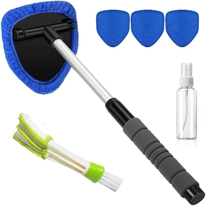 Telescopic Microfiber Glass Car Defroster Brush, 180° Rotating Head and Retractable Handle Multi-Surface Cleaner for Windows, Mirrors, Tiles (Blue)