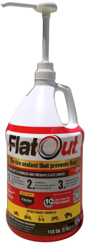 Flat Out Tire Sealant Sportsman Formula - Prevent Flat Tires - Seal Leaks - Sportsman Formula with Valve Core Tool - Contains Kevlar - Tubeless Tire Sealant - Fast-Acting Formula - 1 Gallon