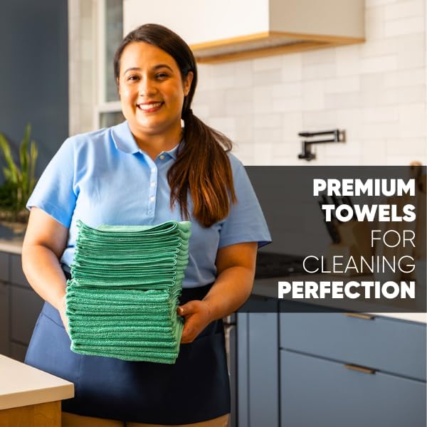 MW PRO Microfiber Cleaning Cloths (12 Pack, 12"x12", Green) - Commercial Grade Housekeeping Towels & Janitorial Rags - Lint Free & Streak Free for Windows, Glass & Auto Detailing - Washable 300+ Times