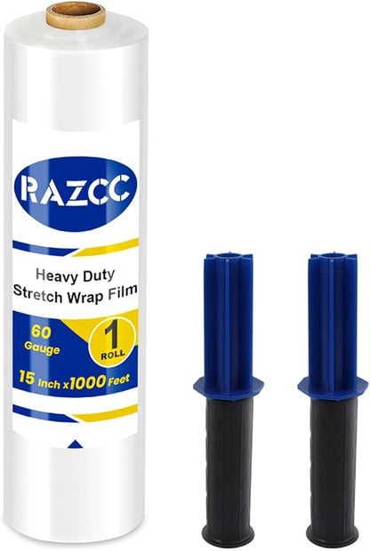 Stretch Film, RAZCC Stretch Wrap Industrial Strength, Shrink Wrap for Pallet Wrap, Heavy Duty Clear Plastic Wrap with Handles, Moving Wrapping Plastic Roll, 15" x 1000 Ft Per Roll, 60 Gauge, 1 Pack