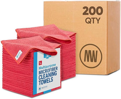Microfiber Wholesale Bulk 16" x 16" All Purpose Towels Case Quantity (200 Count) | Large | No Fraying | High Density Microfiber | Zero Chemical Cleaner | Long-Lasting (Red)