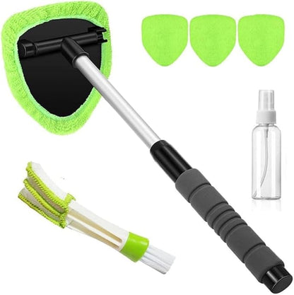 Telescopic Microfiber Glass Car Defroster Brush, 180° Rotating Head and Retractable Handle Multi-Surface Cleaner for Windows, Mirrors, Tiles (Green)