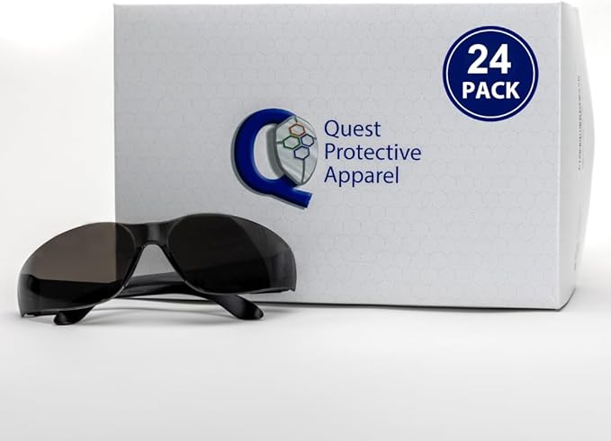 Quest Protective Apparel Safety Glasses for Men and Women - Anti Fog Safety Goggles for Shooting, Lab, or Construction – Polycarbonate Eye Protection [Smoke & Pack of 24]