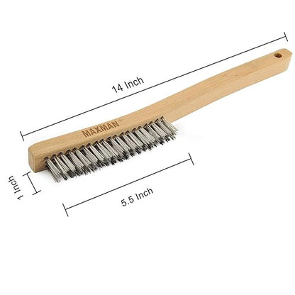 MAXMAN Wire Brush, Heavy Duty Stainless Steel Wire Brushes for Cleaning Rust, Grill Brush, Steel Brush for Paint Removal, Welding, Stiff Bristle Metal Brush with 14" Long Beech Handle, Large