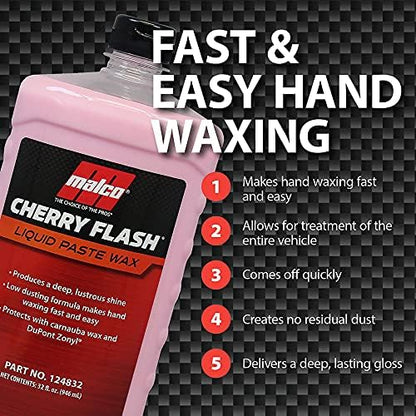Malco Cherry Flash Automotive Liquid Paste Wax – Protect & Shine Your Vehicle/Easiest Way to Hand Wax Your Car/Lasting Gloss & Protection For Cars, Trucks, Boats, and Motorcycles / 64 Oz. (124864)